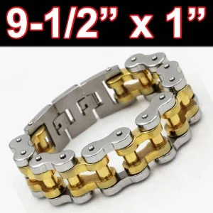 9-1/2" x 1" Gold & Silver Tone Stainless Steel Motorcycle Bracelet (806XXXL)