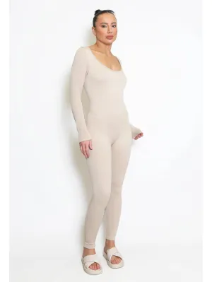 Beige Full Length  Long Sleeve Ribbed Unitard