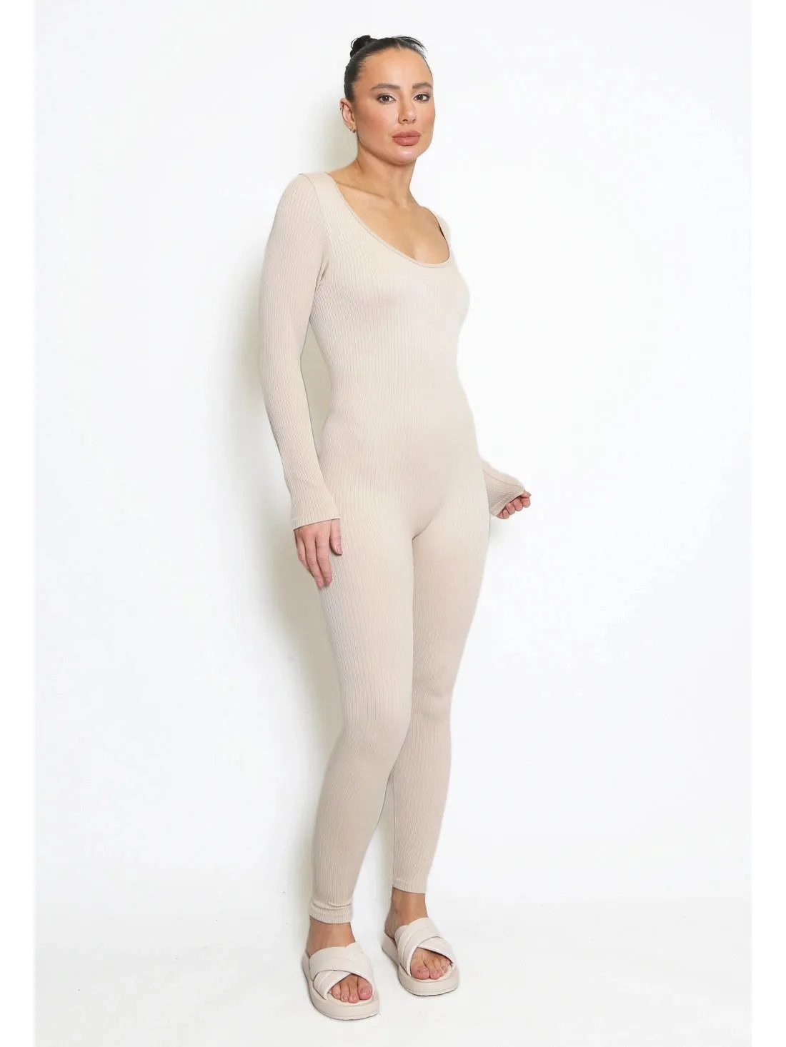 Beige Full Length  Long Sleeve Ribbed Unitard