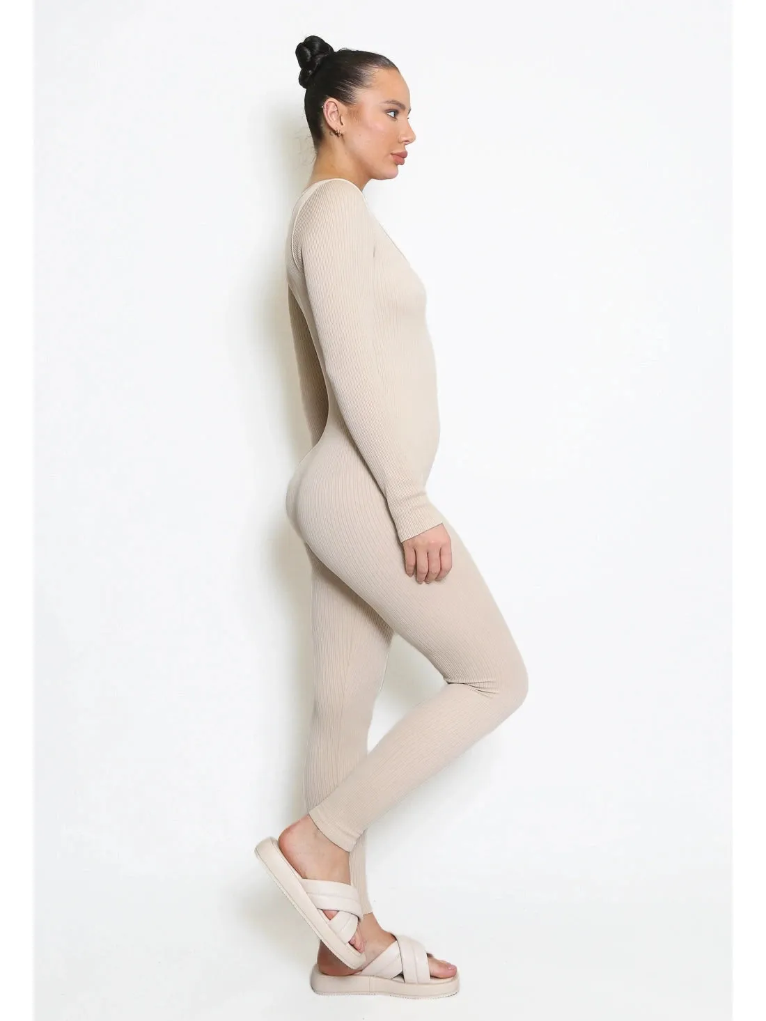 Beige Full Length  Long Sleeve Ribbed Unitard