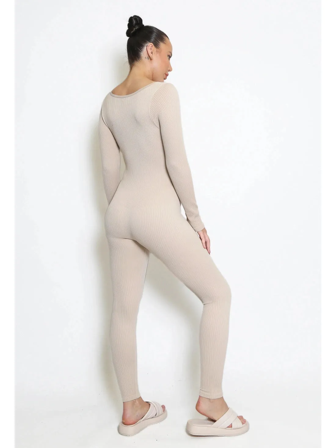 Beige Full Length  Long Sleeve Ribbed Unitard