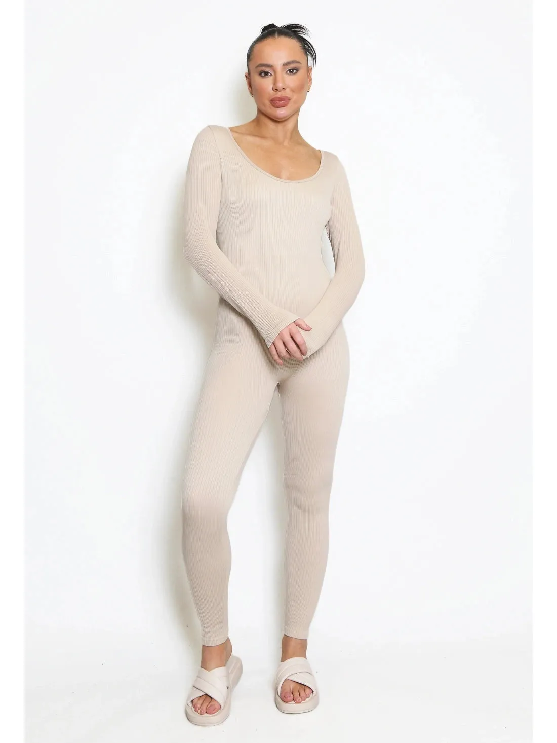 Beige Full Length  Long Sleeve Ribbed Unitard