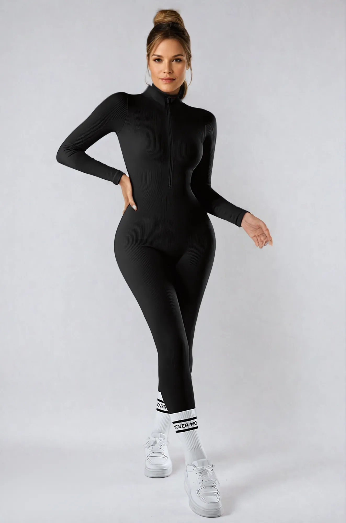 Bella Ribbed Zipper - Long Sleeve Jumpsuit for Woman