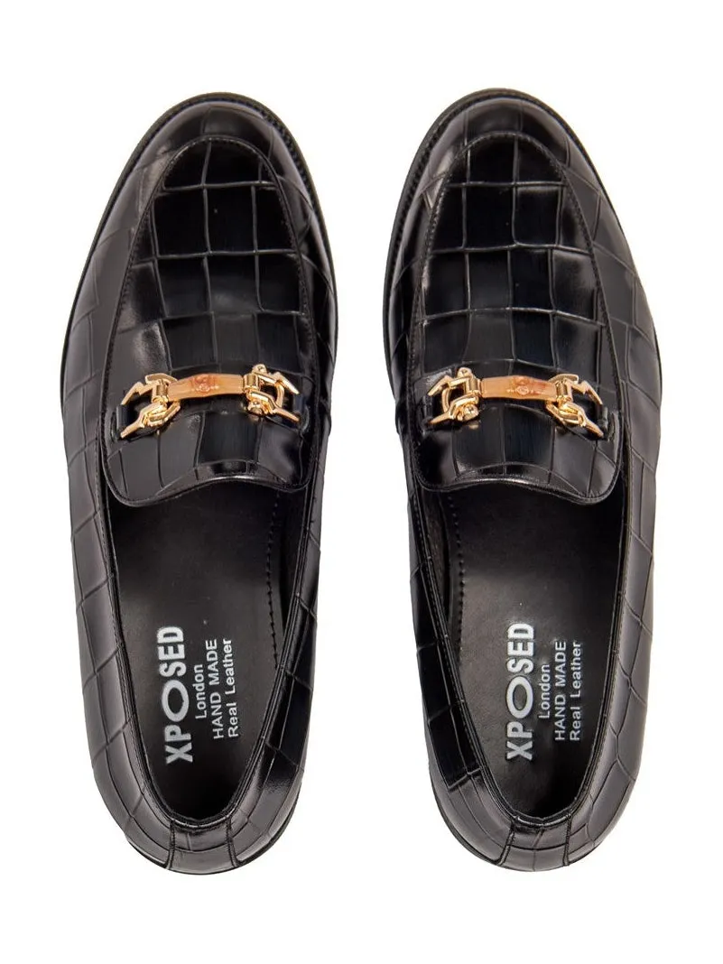 BLACK PRINTED GOLD BUCKLE LOAFERS