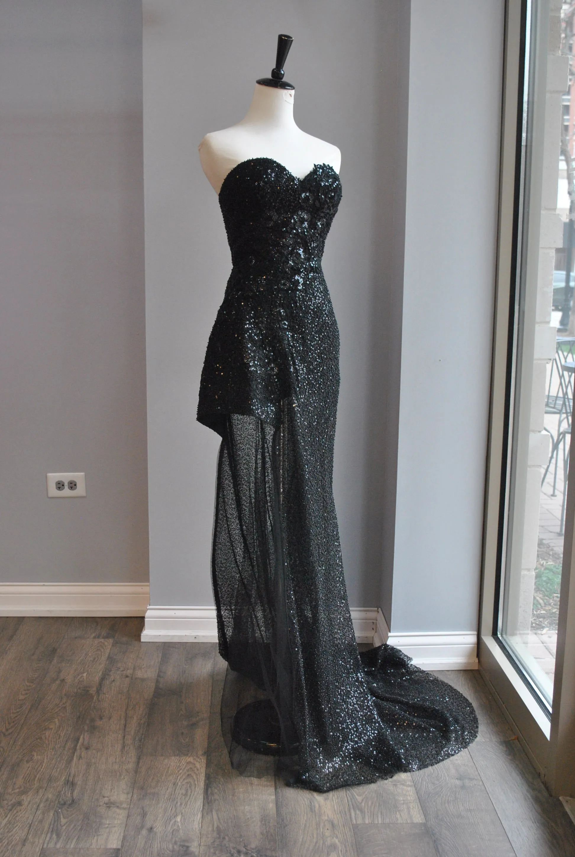 BLACK SEQUIN EVENING  ASYMMETRIC GOWN