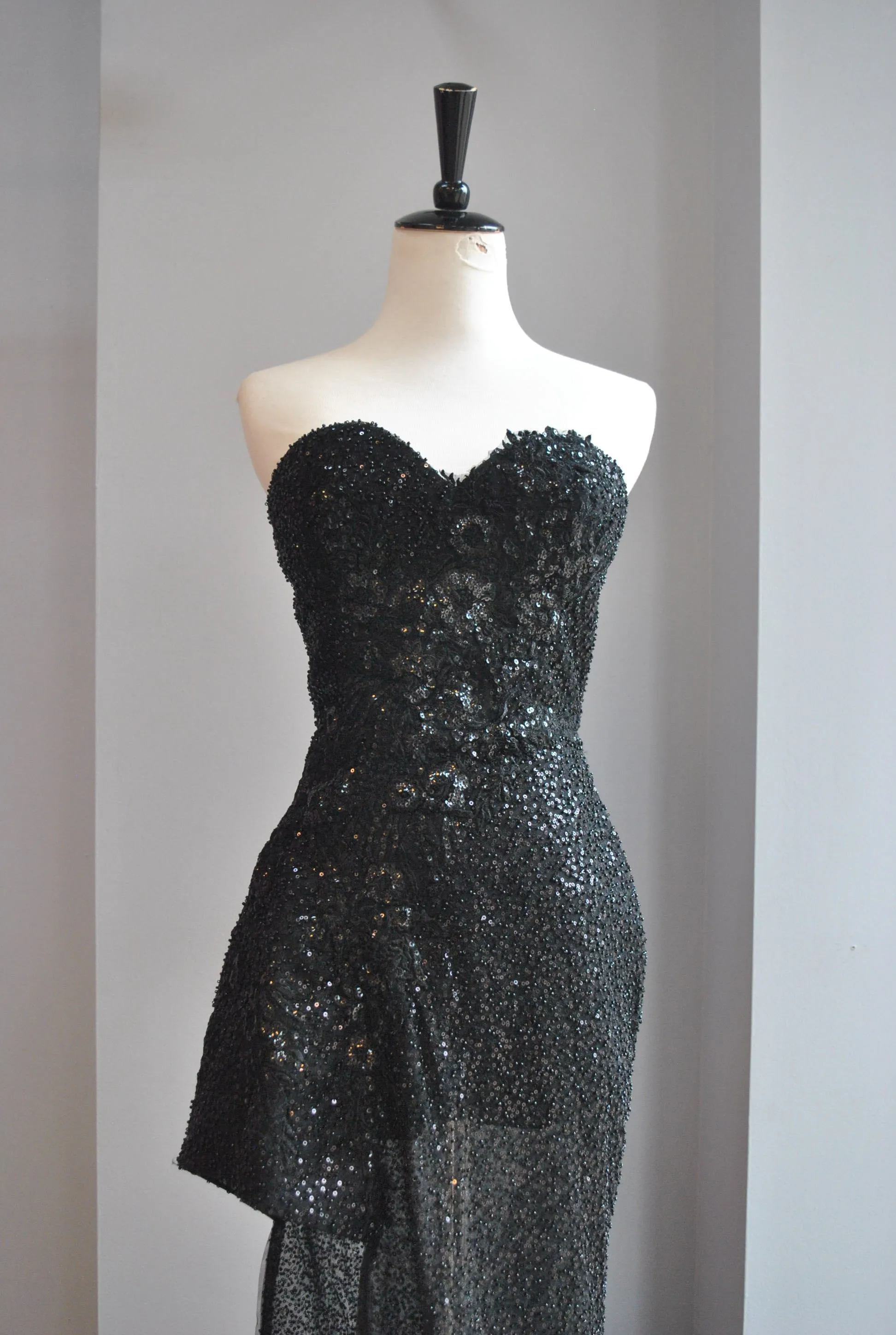 BLACK SEQUIN EVENING  ASYMMETRIC GOWN