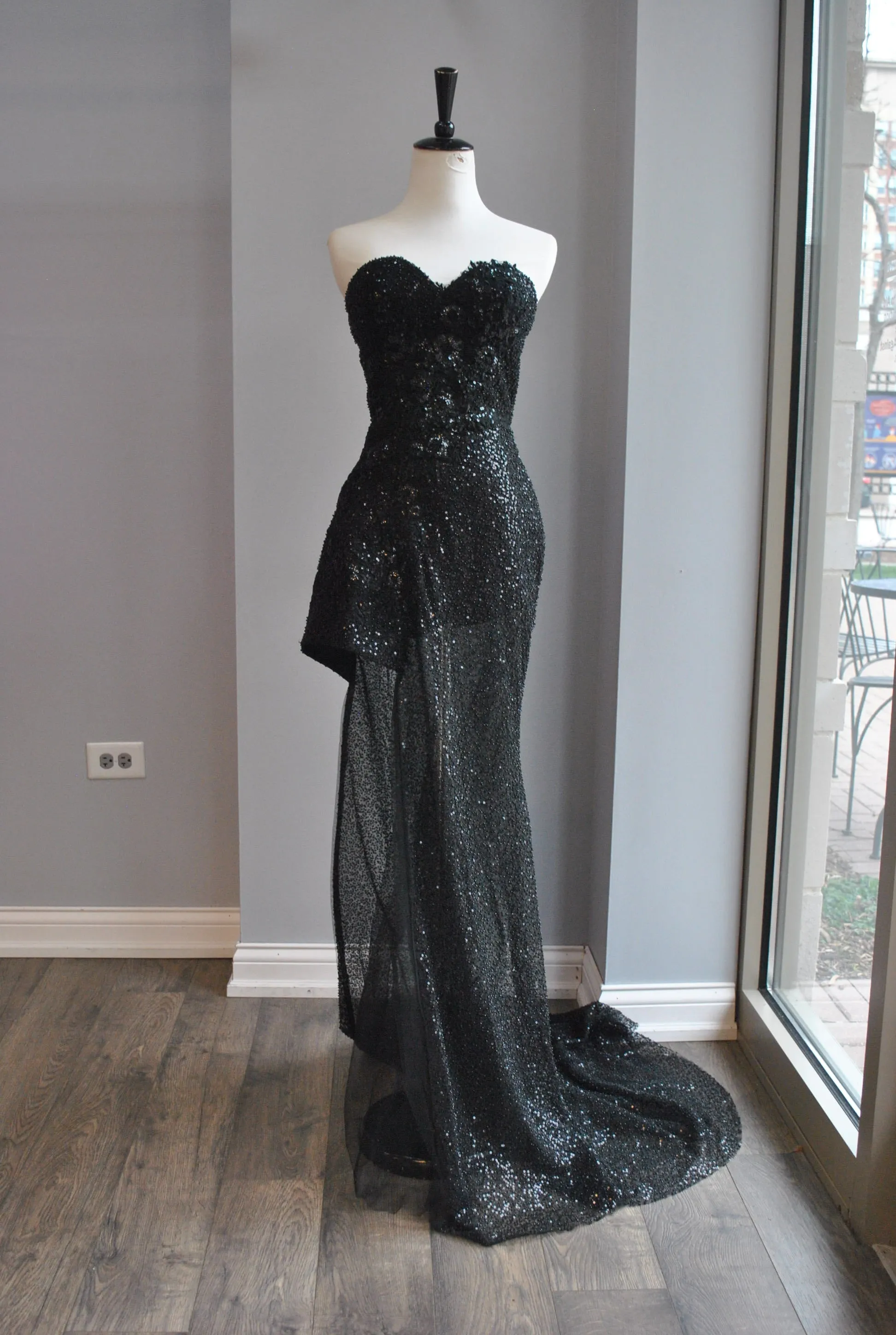 BLACK SEQUIN EVENING  ASYMMETRIC GOWN