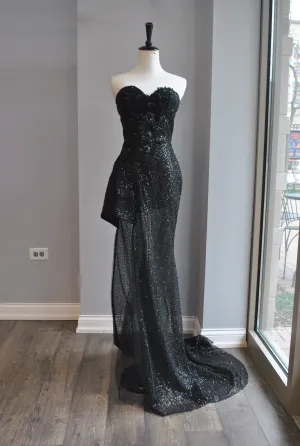 BLACK SEQUIN EVENING  ASYMMETRIC GOWN
