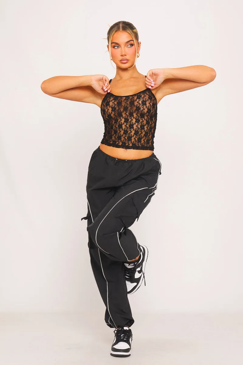 Black Sheer Lace Cami Top | Strappy Detail | Y2K Street Glam