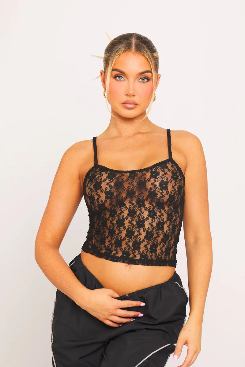 Black Sheer Lace Cami Top | Strappy Detail | Y2K Street Glam