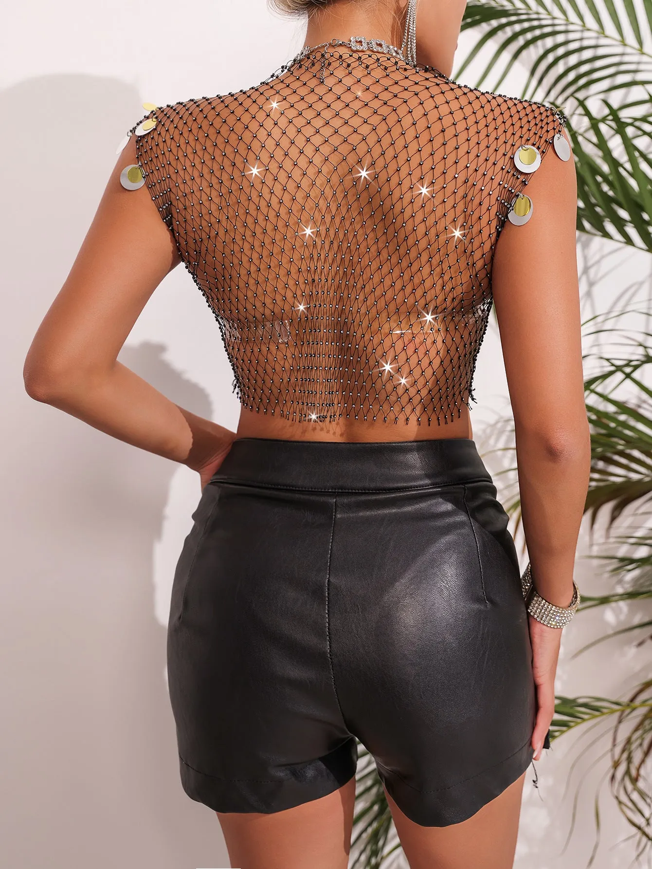 Bold Sequined Mesh Crop Top with Glamorous Metallic Accents
