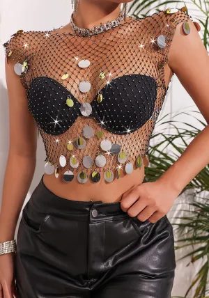 Bold Sequined Mesh Crop Top with Glamorous Metallic Accents
