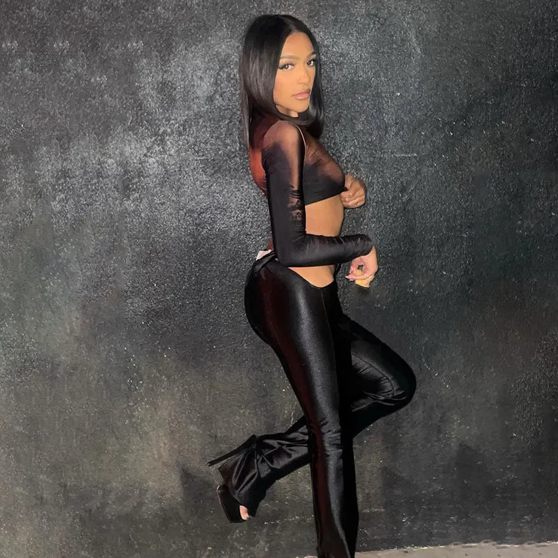 Bold Sheer Illusion Print Long Sleeve Crop Top for Edgy Statement Looks