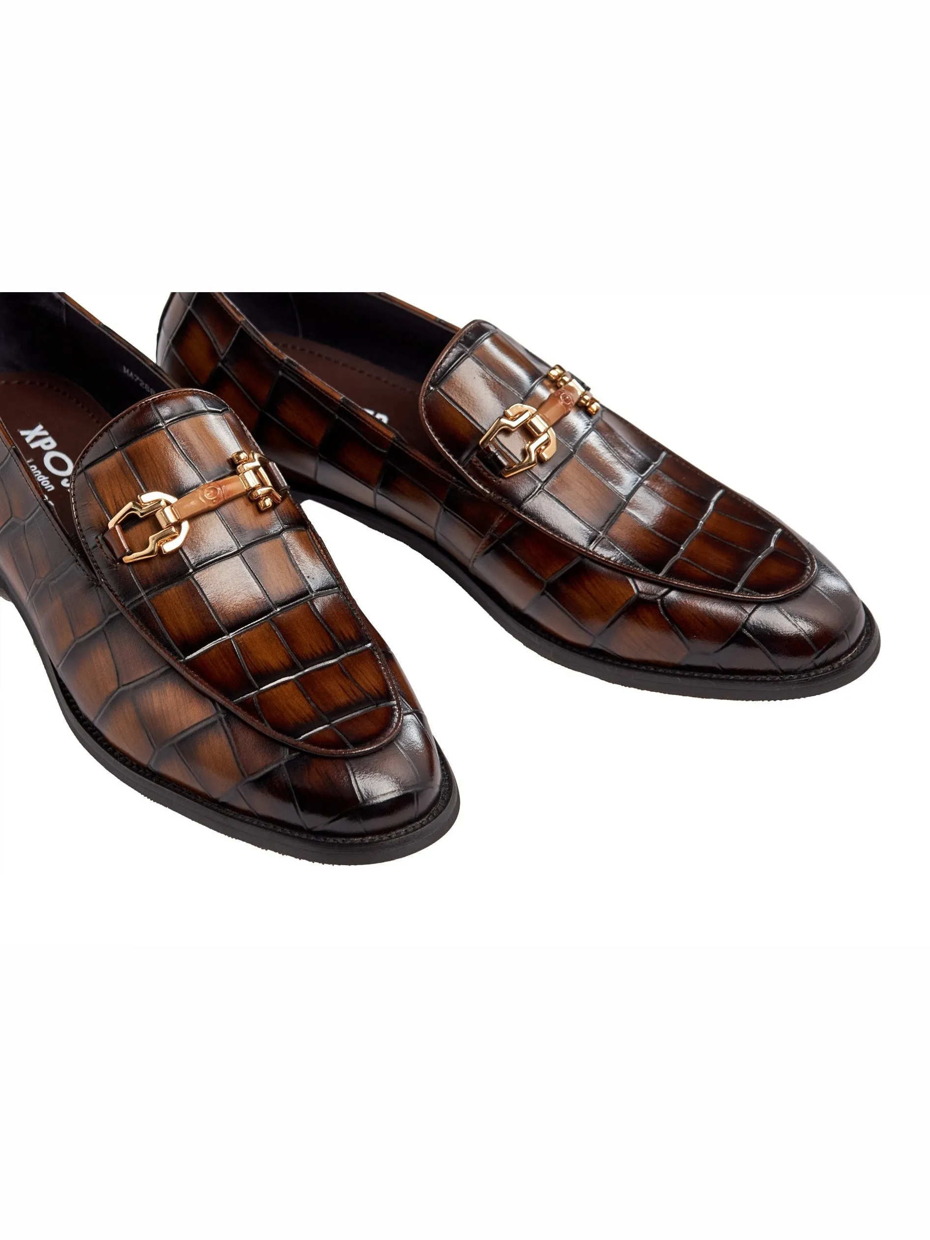 BROWN PRINTED GOLD BUCKLE LOAFERS