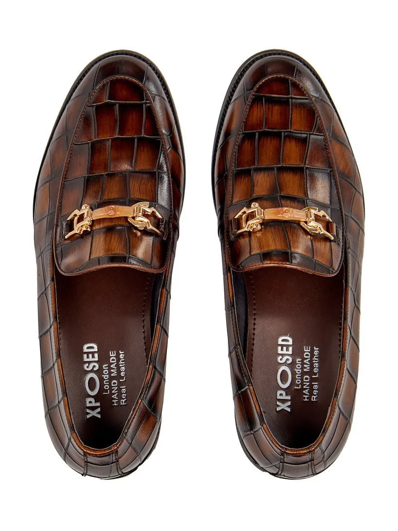 BROWN PRINTED GOLD BUCKLE LOAFERS