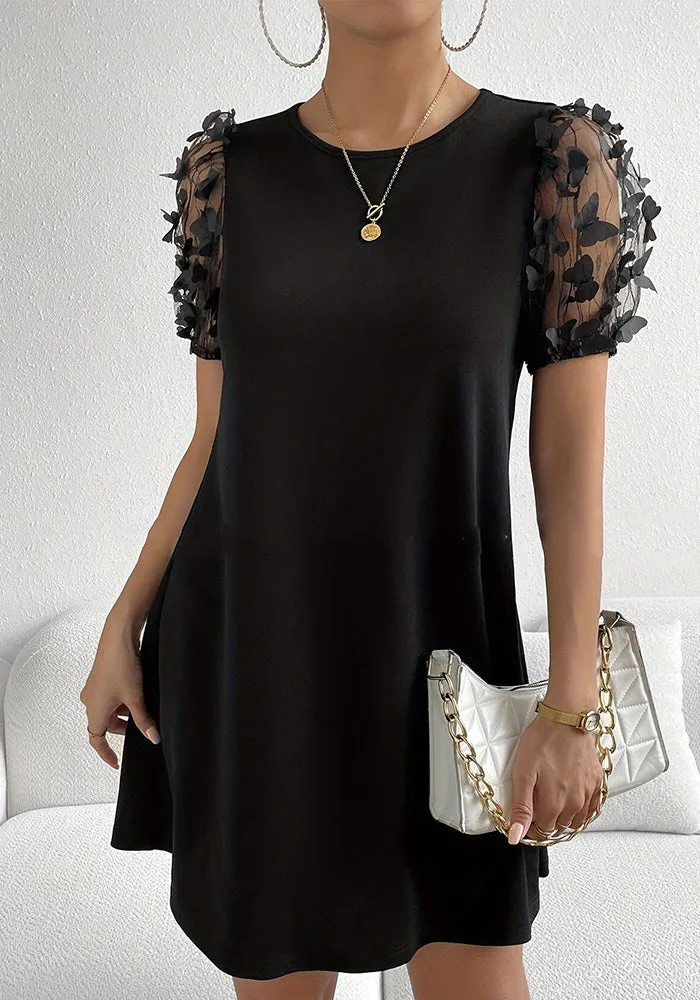 Chic A-Line Mini Dress with Floral Mesh Appliqué Sleeves