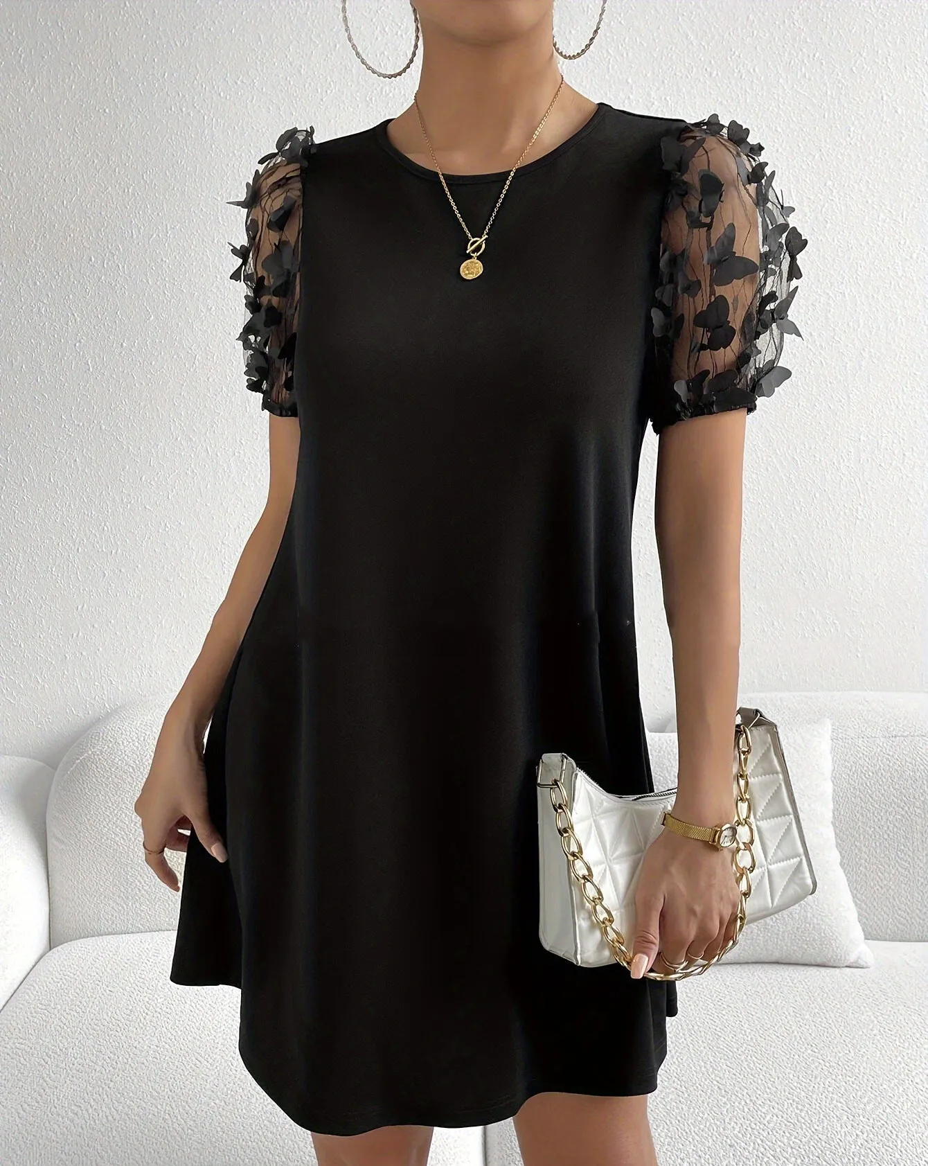 Chic A-Line Mini Dress with Floral Mesh Appliqué Sleeves