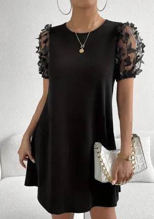 Chic A-Line Mini Dress with Floral Mesh Appliqué Sleeves