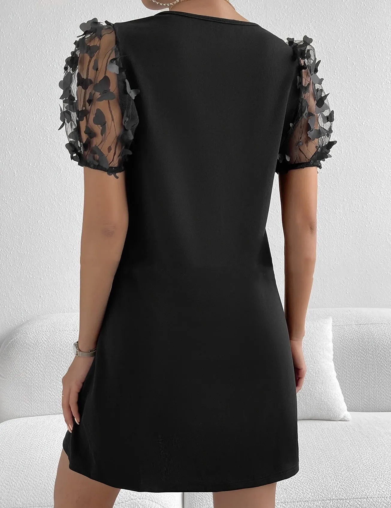 Chic A-Line Mini Dress with Floral Mesh Appliqué Sleeves