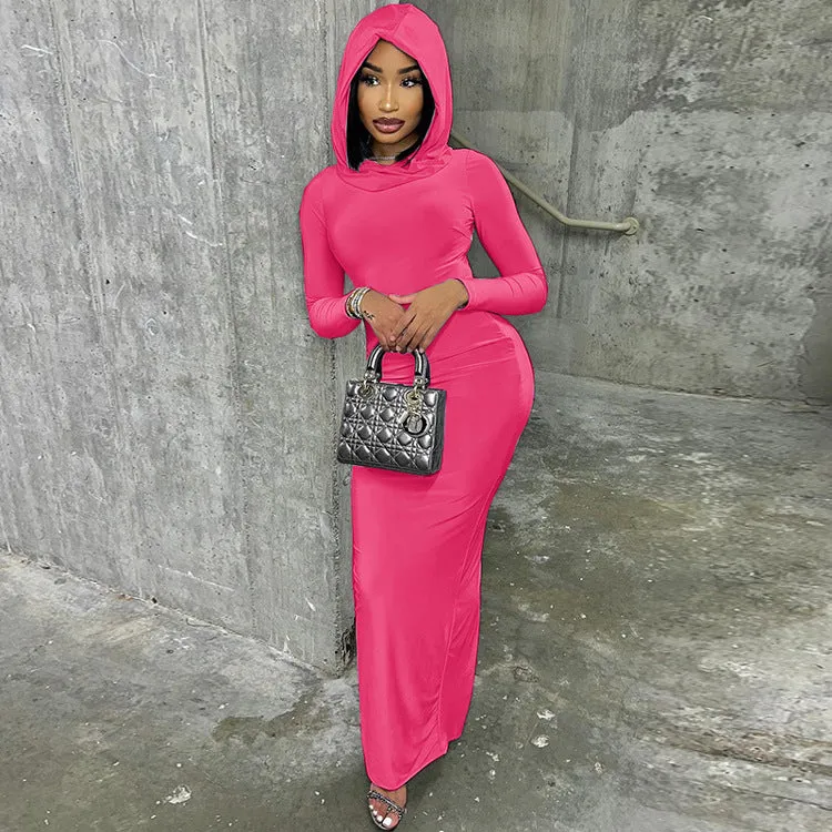 Chic Hooded Long-Sleeve Maxi Dress with Back Slit