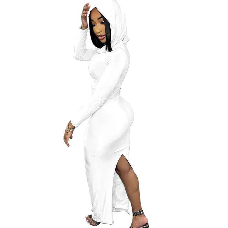 Chic Hooded Long-Sleeve Maxi Dress with Back Slit