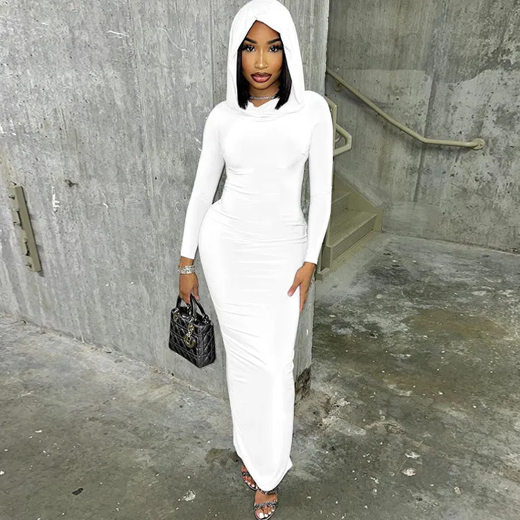 Chic Hooded Long-Sleeve Maxi Dress with Back Slit