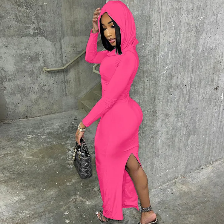 Chic Hooded Long-Sleeve Maxi Dress with Back Slit