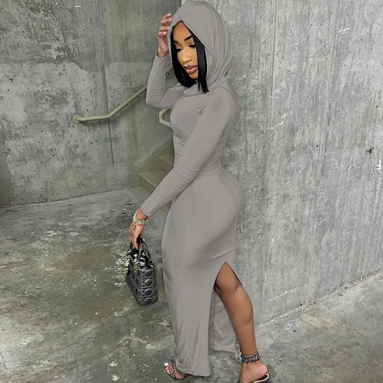 Chic Hooded Long-Sleeve Maxi Dress with Back Slit