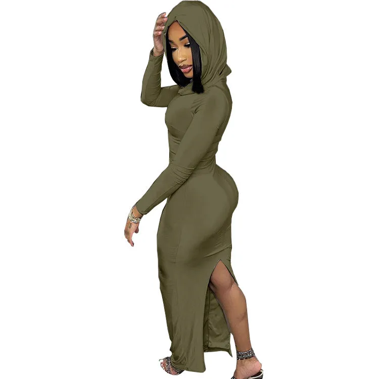 Chic Hooded Long-Sleeve Maxi Dress with Back Slit