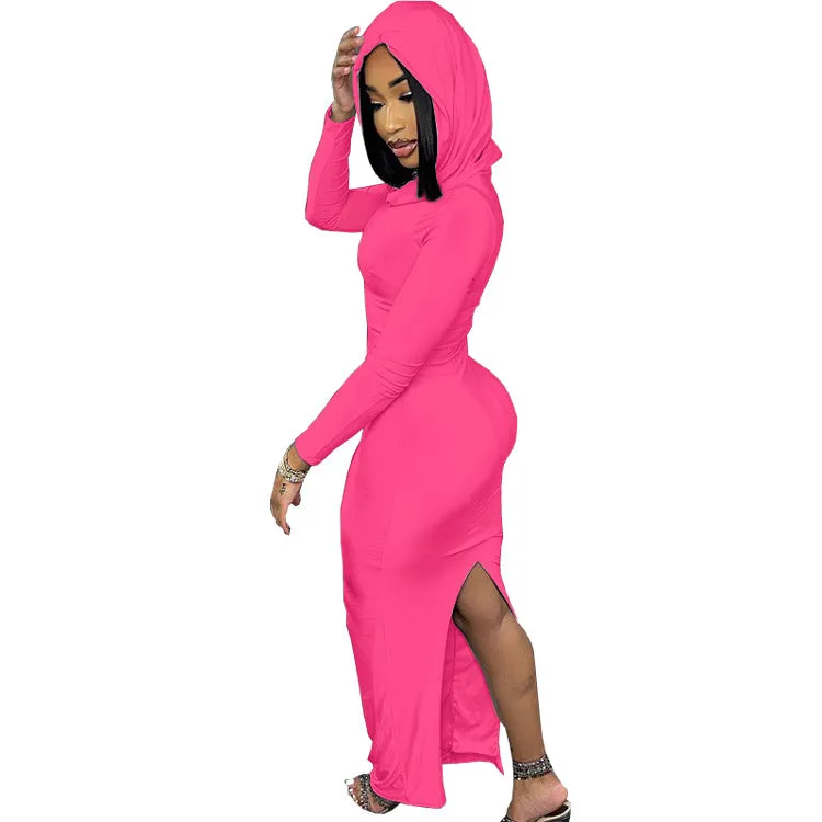 Chic Hooded Long-Sleeve Maxi Dress with Back Slit