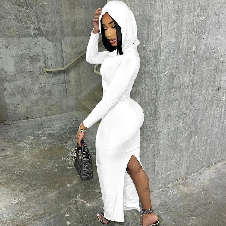 Chic Hooded Long-Sleeve Maxi Dress with Back Slit