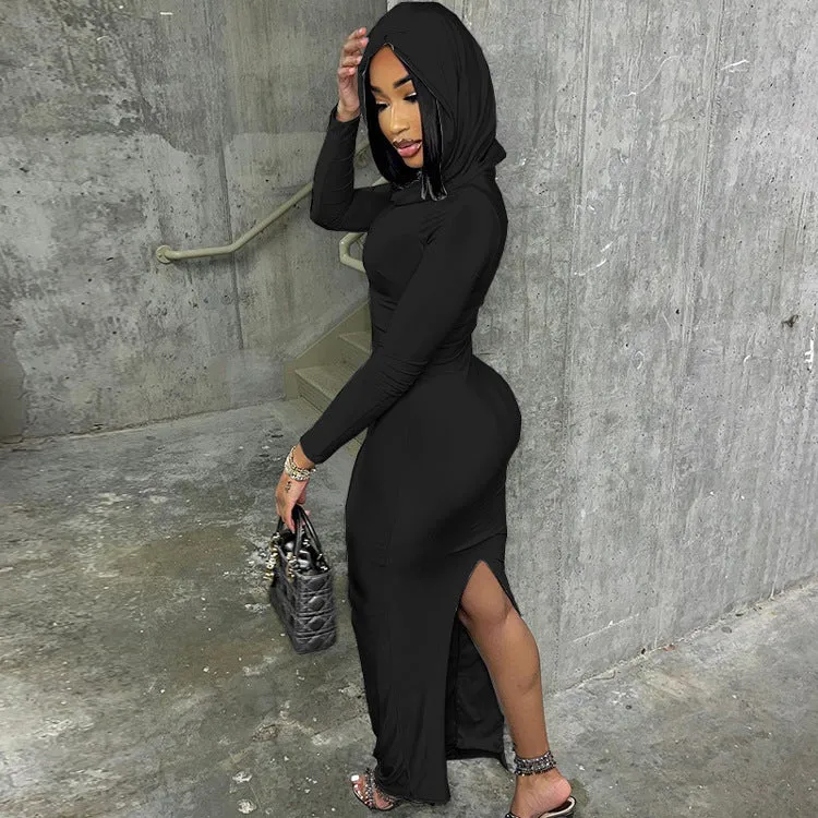 Chic Hooded Long-Sleeve Maxi Dress with Back Slit
