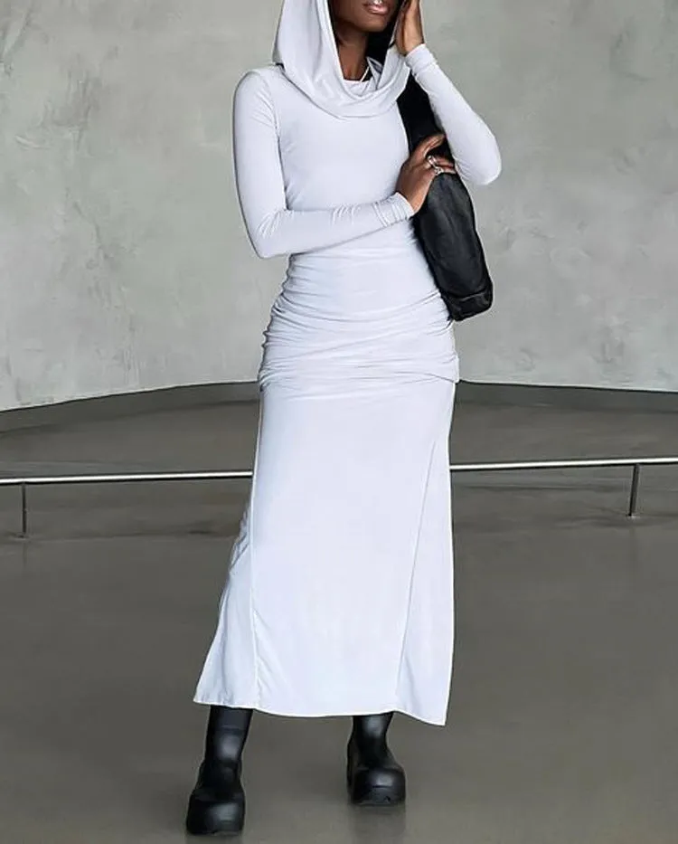Chic Hooded Long-Sleeve Maxi Dress with Back Slit