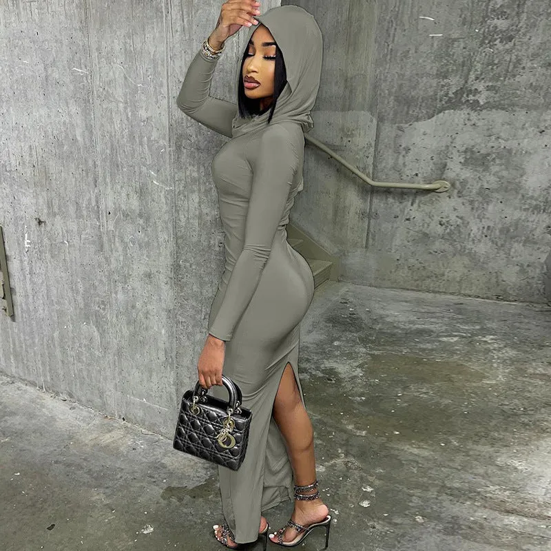 Chic Hooded Long-Sleeve Maxi Dress with Back Slit