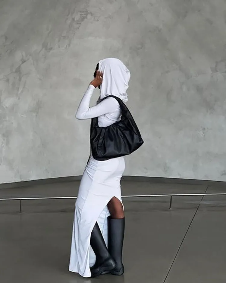 Chic Hooded Long-Sleeve Maxi Dress with Back Slit