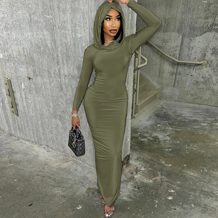 Chic Hooded Long-Sleeve Maxi Dress with Back Slit