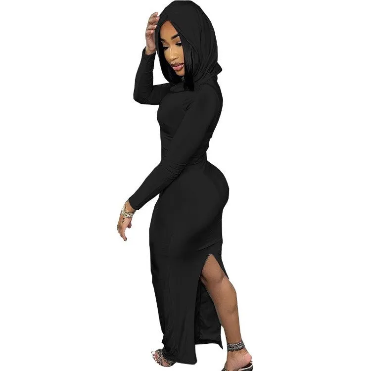 Chic Hooded Long-Sleeve Maxi Dress with Back Slit