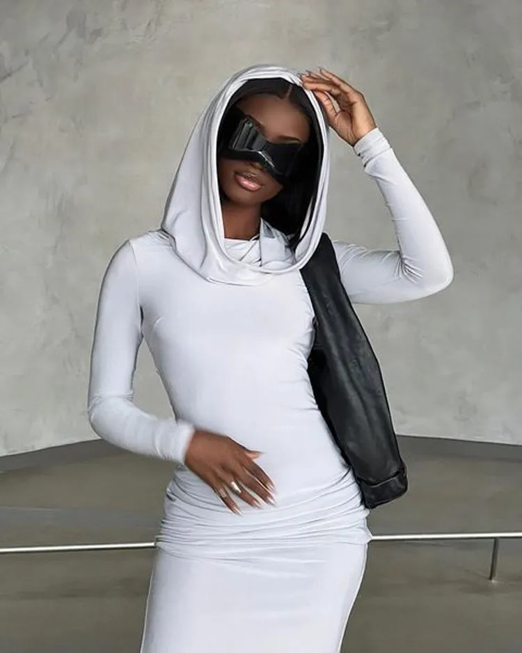 Chic Hooded Long-Sleeve Maxi Dress with Back Slit