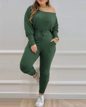Chic Off-Shoulder Slouchy Top and Fitted Jogger Pants Lounge Set