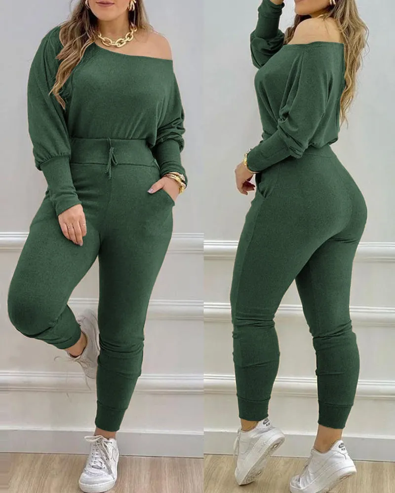 Chic Off-Shoulder Slouchy Top and Fitted Jogger Pants Lounge Set