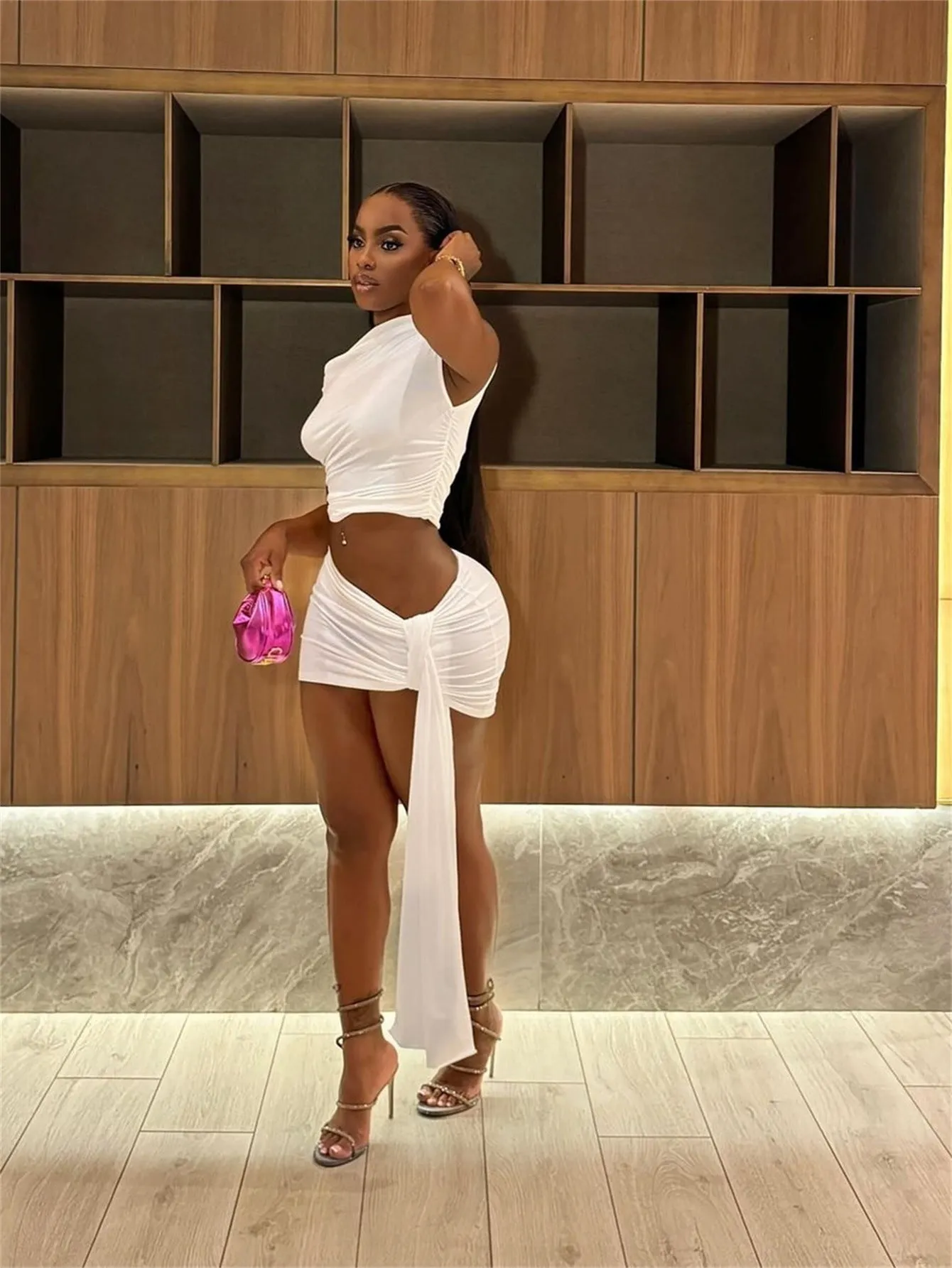Chic Off-Shoulder Two-Piece Set with Draped Ribbon Skirt