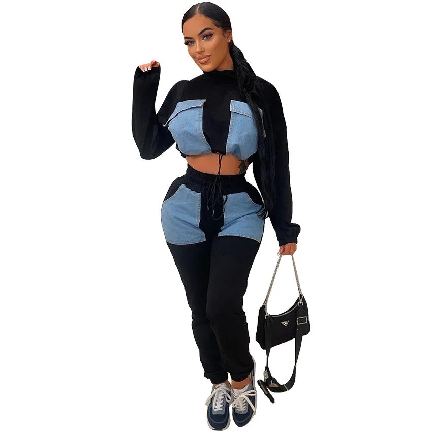 Chic Patchwork High-Collar Open-Waist Two-Piece Set