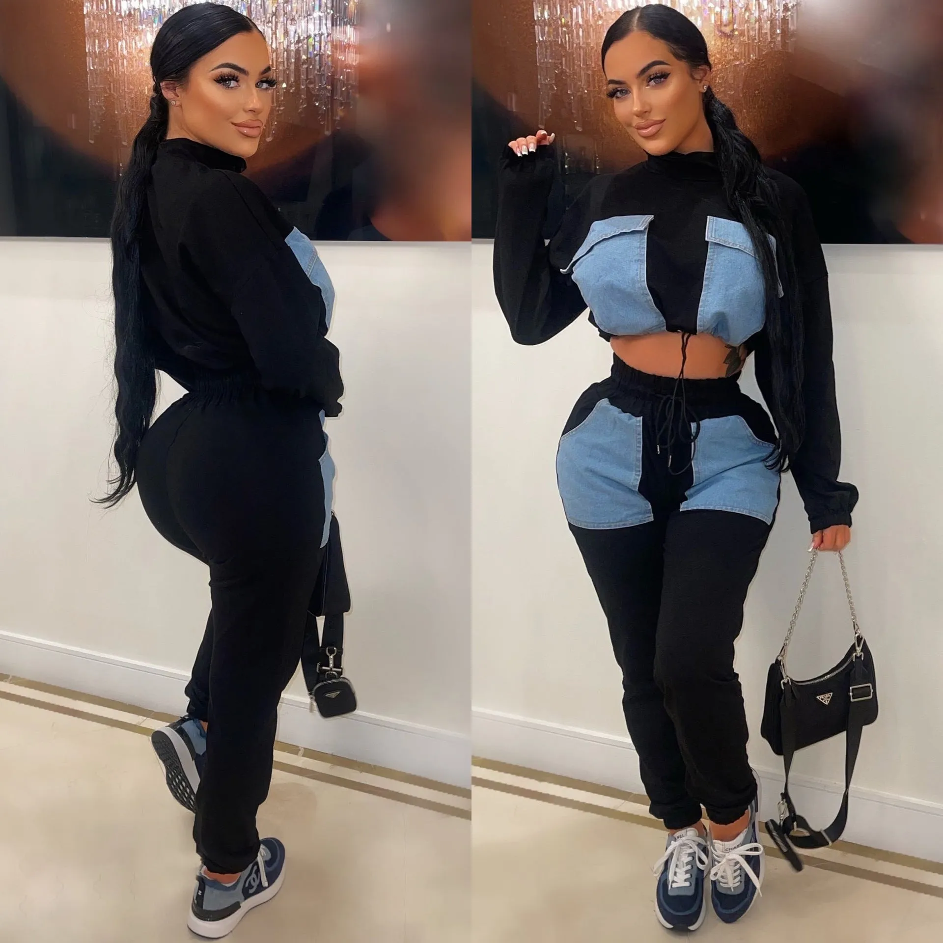 Chic Patchwork High-Collar Open-Waist Two-Piece Set
