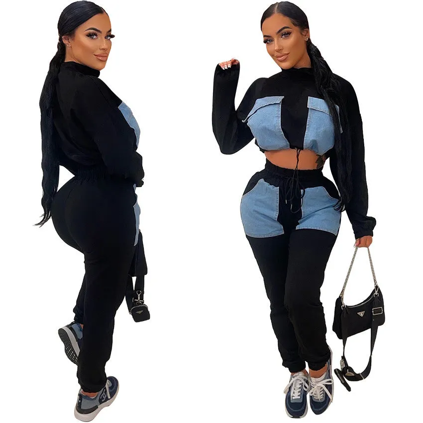 Chic Patchwork High-Collar Open-Waist Two-Piece Set