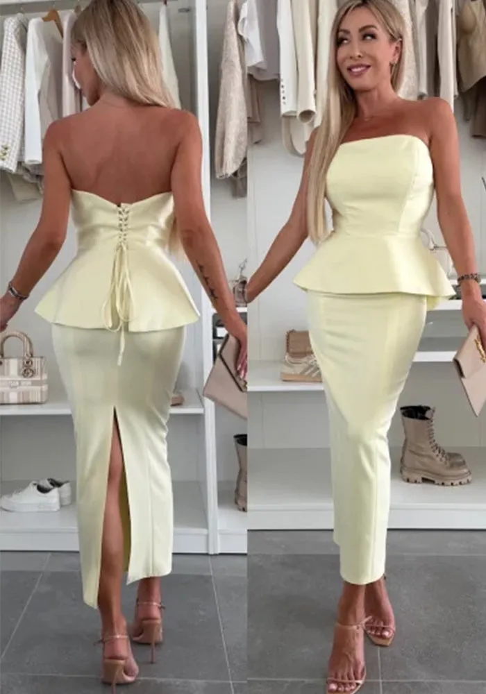 Chic Strapless Peplum Top and High-Slit Skirt Two-Piece Set