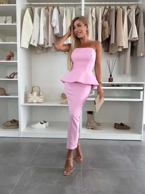 Chic Strapless Peplum Top and High-Slit Skirt Two-Piece Set