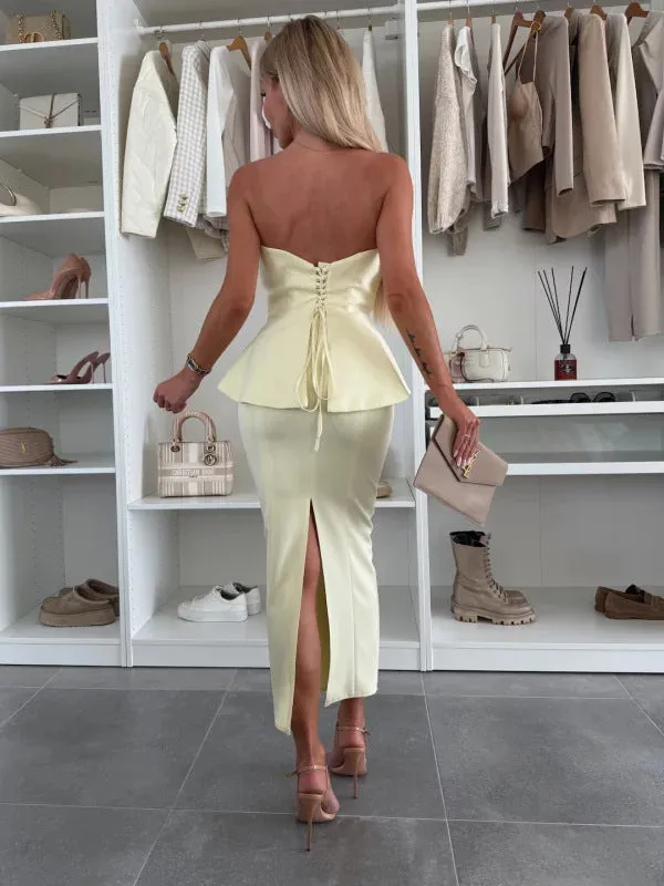 Chic Strapless Peplum Top and High-Slit Skirt Two-Piece Set