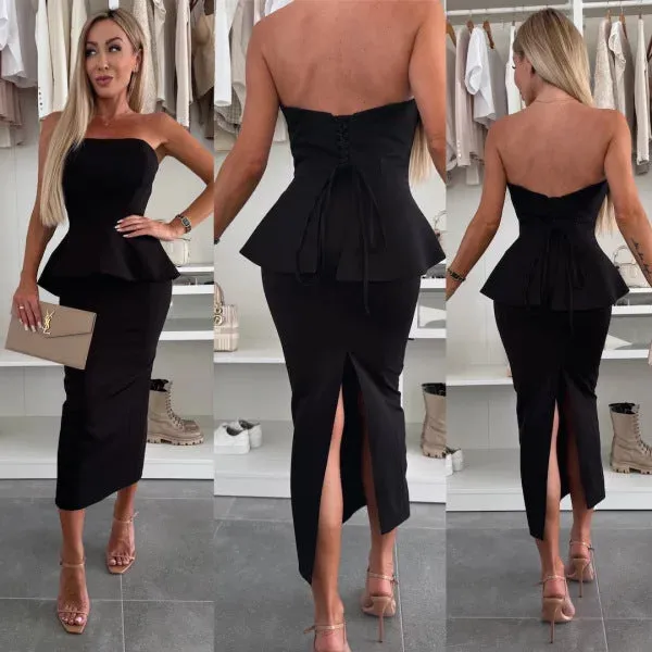 Chic Strapless Peplum Top and High-Slit Skirt Two-Piece Set