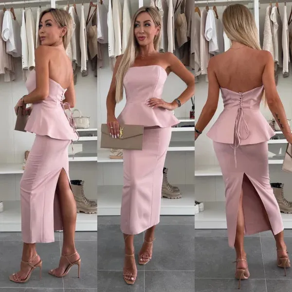 Chic Strapless Peplum Top and High-Slit Skirt Two-Piece Set