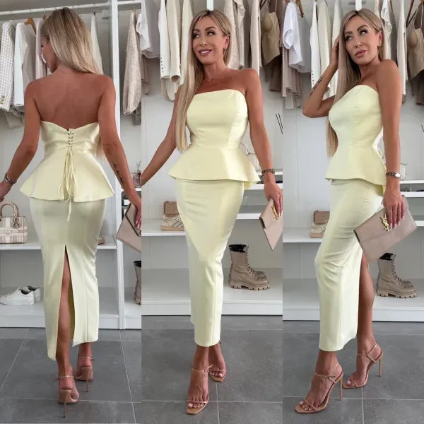 Chic Strapless Peplum Top and High-Slit Skirt Two-Piece Set